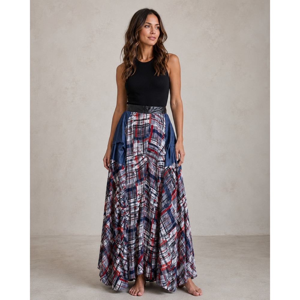 TOV Los Angeles Plaid Denim Mixed Media Maxi Skirt Red White Blue Size 40